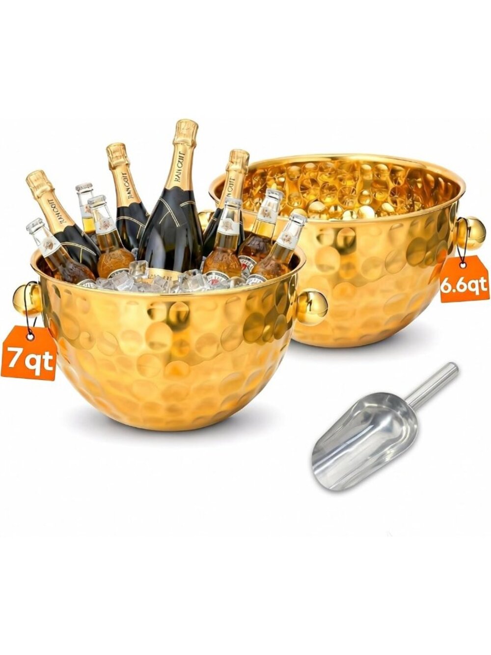Set of 2 Hammered Gold Champagne Ice Buckets - Stainless Steel Beverage Tubs